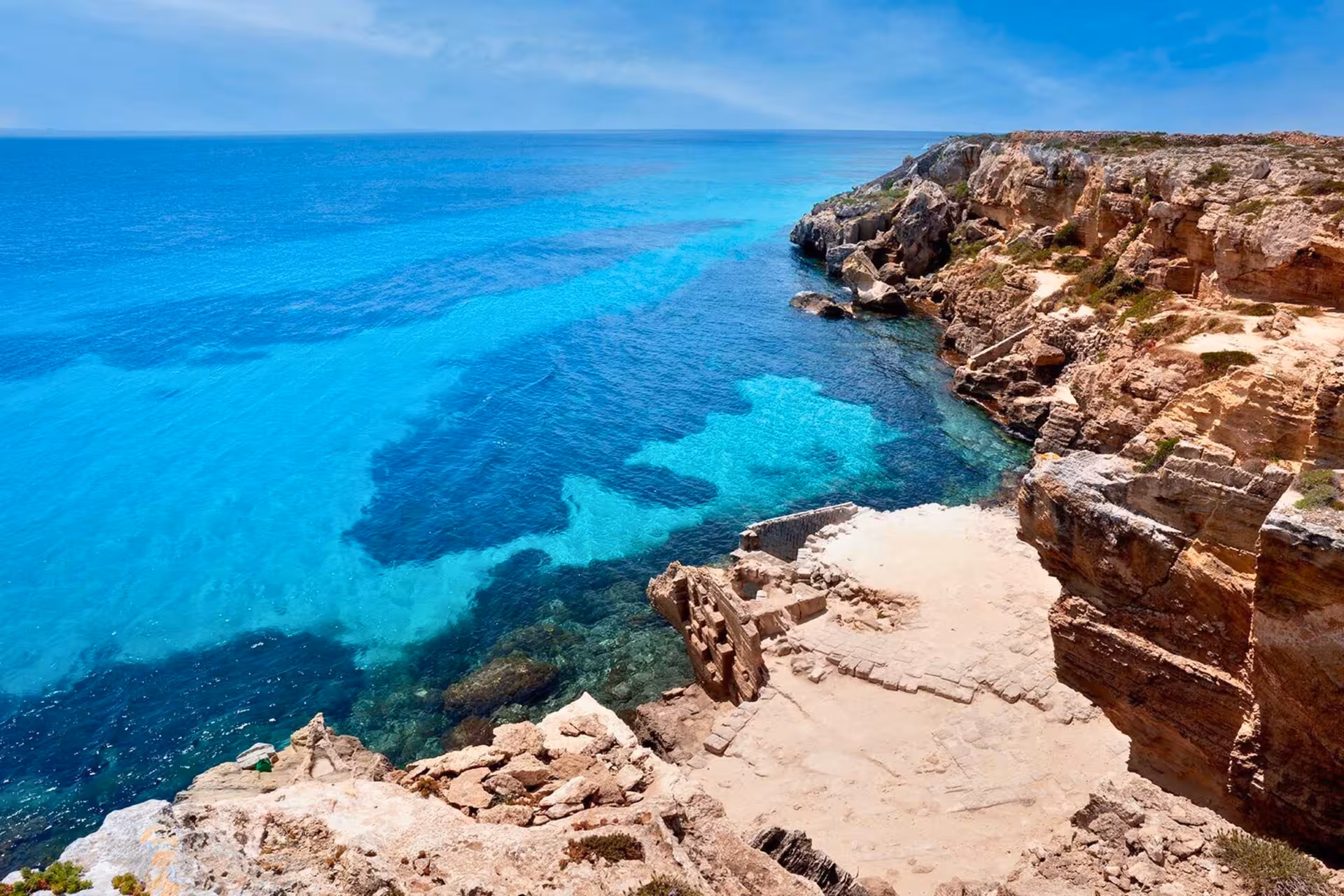 Rocky coastline and crystal-clear lagoon in Favignana, Egadi Islands dinghy excursion from Trapani with lunch