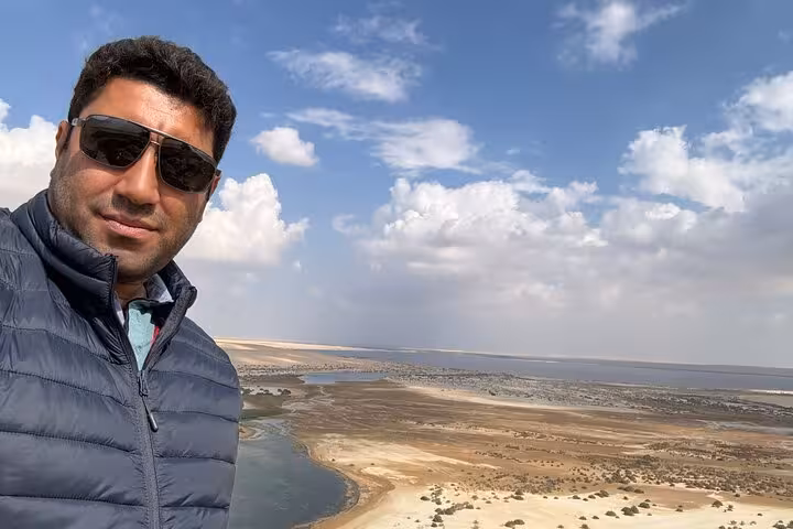 View over Lake Qarun shoreline from a Fayoum Oasis private full-day tour from Cairo, with desert landscape