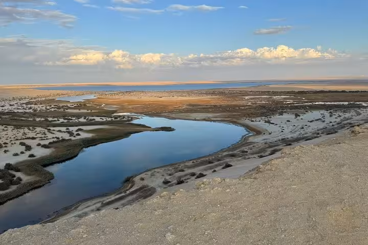 Panoramic view of Lake Qarun shoreline in Fayoum Oasis, featured on a private full-day tour from Cairo