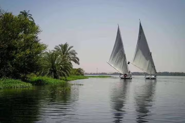 Two feluccas sailing on the Nile near Luxor, calm water and palm-lined banks on a classic sunset cruise