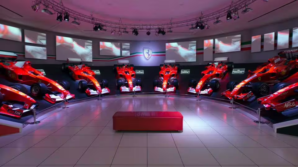 Ferrari F1 cars on display inside Museo Ferrari Maranello, included with Modena and Maranello combo ticket