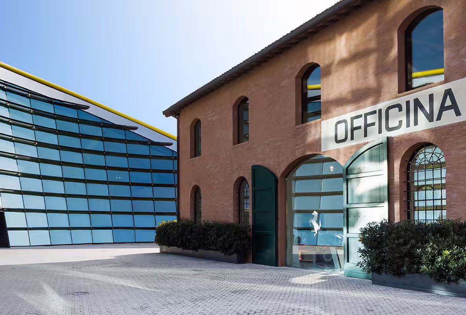 Entrance of Ferrari Museum Maranello Officina building, part of combo ticket for Modena and Maranello museums