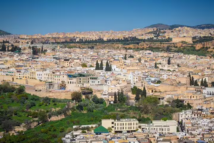Panoramic view of Fes medina and hills, scenic stop on a Morocco 12 days tour from Marrakech itinerary
