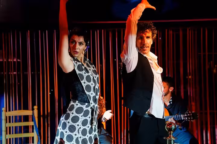 Dynamic flamenco dancers strike a dramatic pose on stage during a live show in Barcelona.