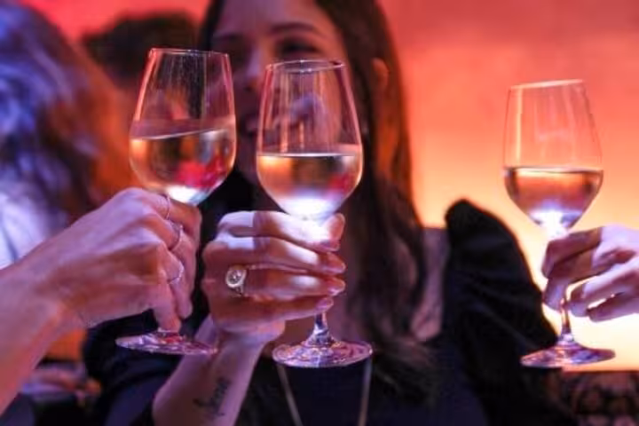 Guests enjoying a toast with glasses of wine, immersing in the lively atmosphere of a flamenco show in Barcelona.