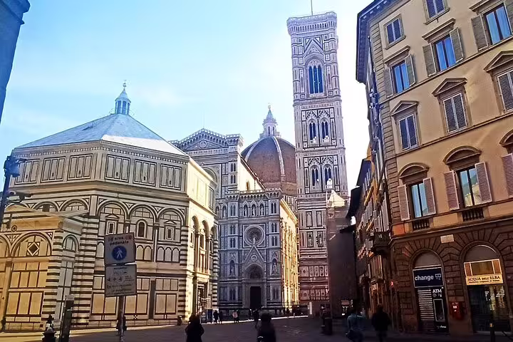 View of Florence Cathedral, Giotto’s Bell Tower and Baptistery on a sunny day, visited on private Livorno to Florence day trips