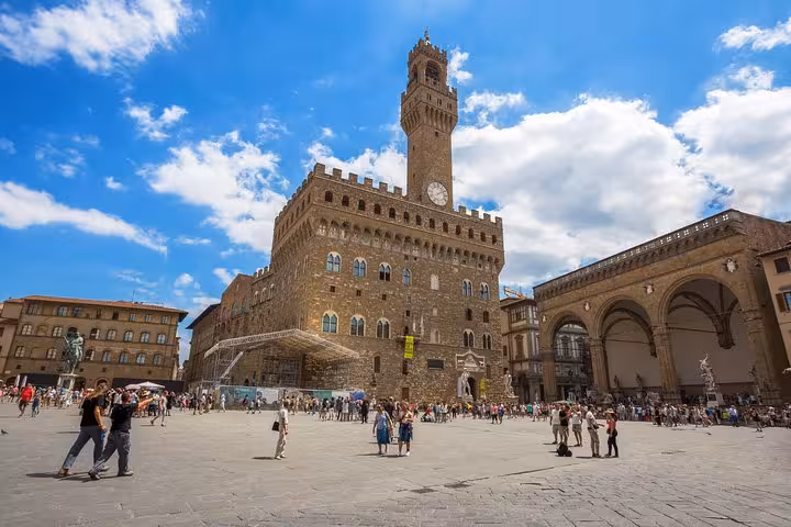 Explore the historic Piazza della Signoria, featuring the iconic Palazzo Vecchio in Florence on our exclusive shore excursion.
