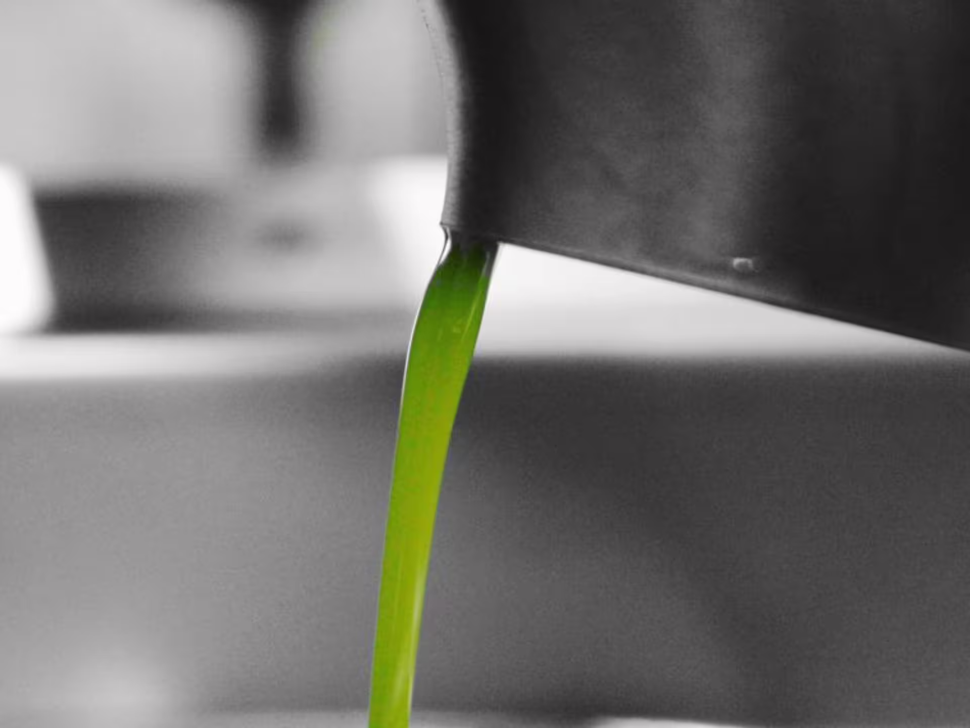 Freshly pressed olive oil flowing from a spout, highlighting the quality of the olive mill tour near Pisa.