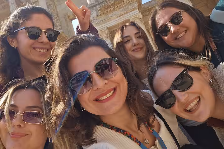 Friends selfie at Ephesus ruins near the Library of Celsus on a full-day Ephesus tour from Izmir hotels