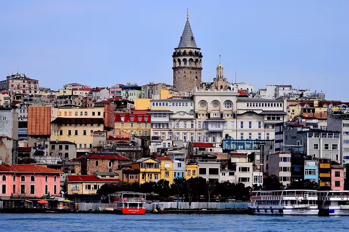 Galata Tower and colorful waterfront skyline on a private Istanbul layover tour with quick city highlights