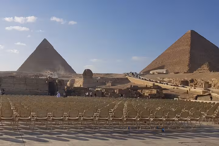 Giza Plateau view of Great Pyramid and Khafre Pyramid, key stops on inside pyramid and Sphinx tour Cairo