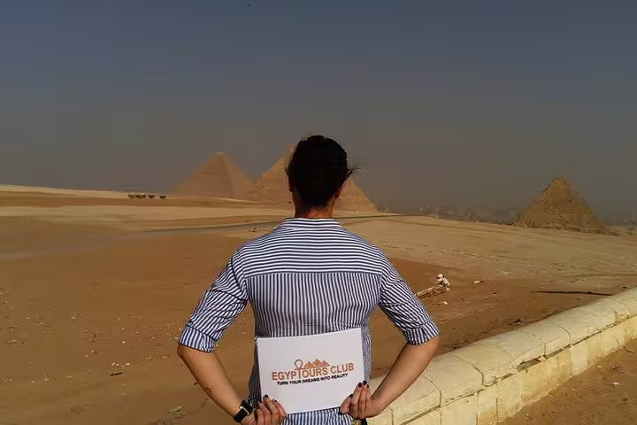 Traveler overlooks the Pyramids of Giza desert plateau on a Cairo day tour with Egyptian Museum and bazaar visit