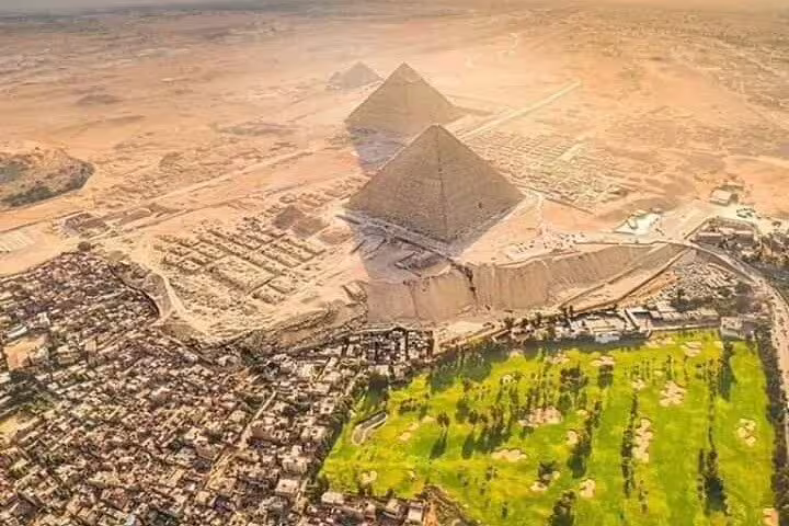 Aerial view of Giza Pyramids near Cairo, a highlight of the 2-day Luxor to Cairo and Alexandria flight tour