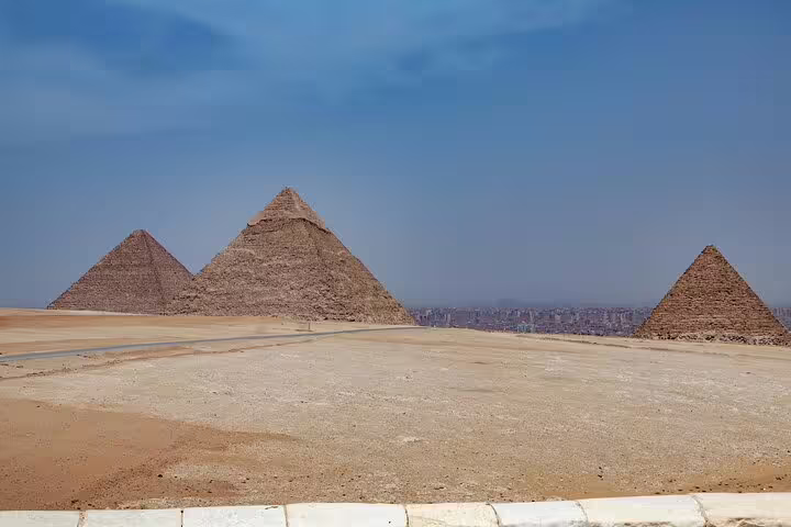 Panoramic view of Giza pyramids plateau near Cairo, luxury adventure tour with Dahshur and Saqqara stops