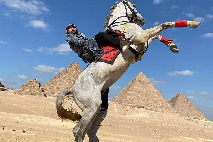 Private Giza Pyramids tour photo of rider on rearing horse in desert with pyramids in background