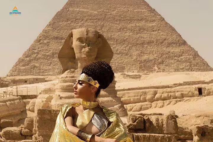 Egyptian-style portrait in front of the Great Sphinx and Giza pyramids, highlight of a horse carriage tour