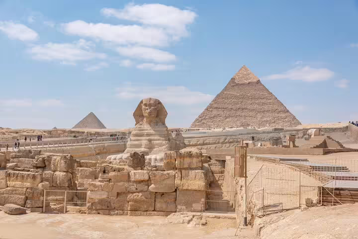 Great Sphinx and Giza Pyramids view on private tour from El Sokhna port to Cairo highlights and bazaar