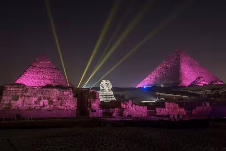 Giza Pyramids and Sphinx sound and light show at night, Cairo by bus excursion from Hurghada with lunch