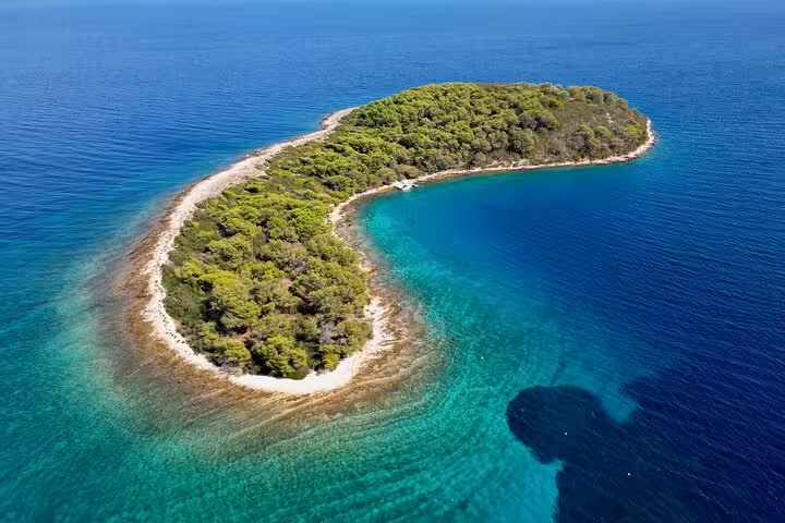 Aerial view of Golden Horn beach near Hvar Island, Croatia, on a private boat tour in crystal-clear Adriatic sea