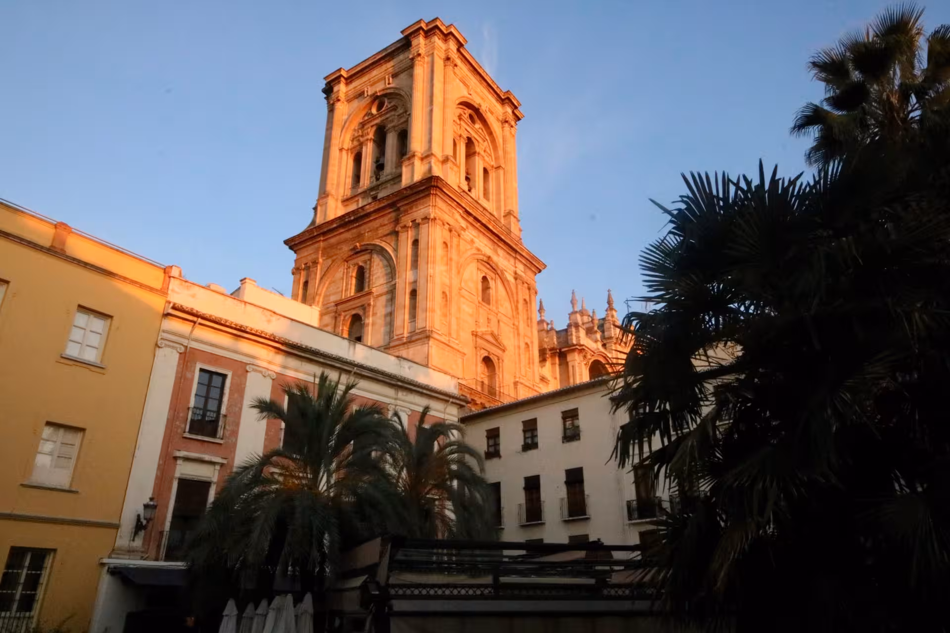 Sunlit Granada Cathedral tower with palm trees, perfect for free walking tours in Granada's historic center.