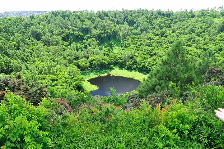 Aerial view of Grand Bassin crater lake in lush forest, a hidden gem stop on South Mauritius private tour