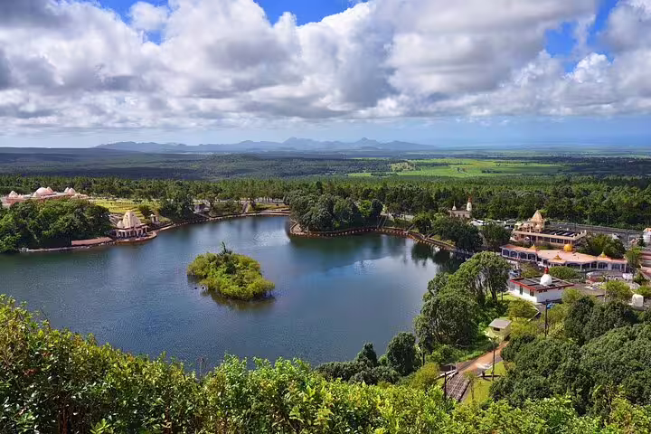 Panoramic view of Grand Bassin lake and temple complex from viewpoint, South Mauritius full-day private adventure