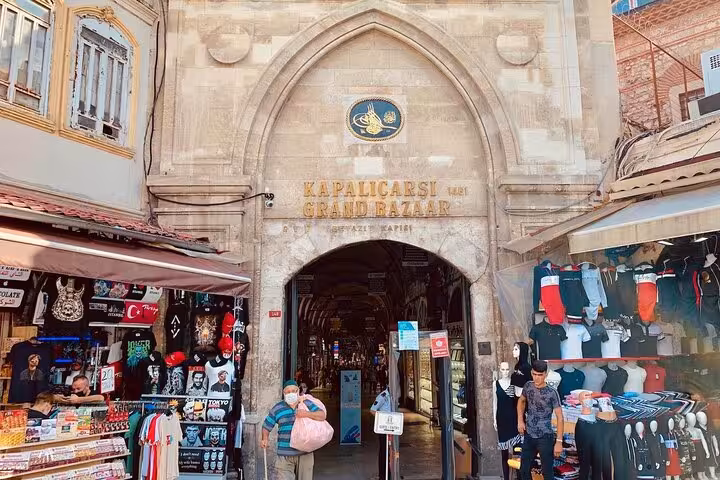 Grand Bazaar main gate in Istanbul with lively shops, a key stop on Byzantine and Ottoman city tour