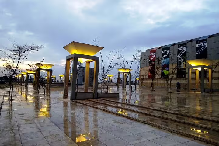 Grand Egyptian Museum exterior plaza at dusk, stop on private Alexandria Port to Giza pyramids tour