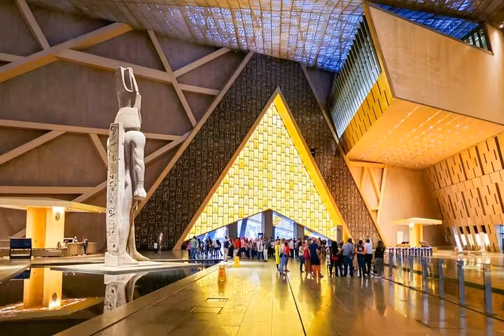Grand Egyptian Museum Cairo entrance hall near Giza Pyramids, key stop on fly-in Cairo day tour