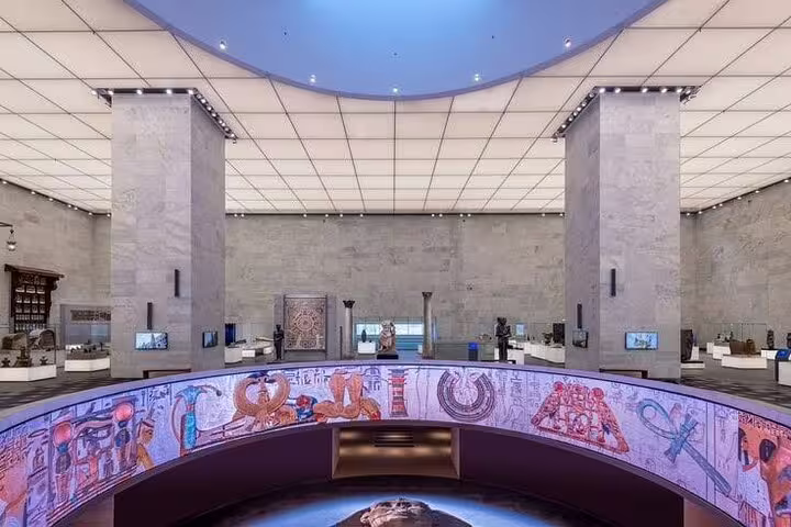 Grand Egyptian Museum gallery interior on a private tour from Port Said to Giza Pyramids and National Museum
