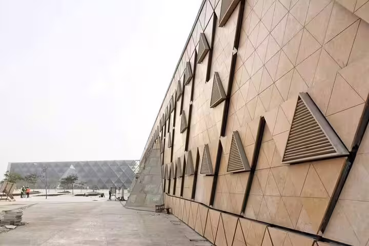 Grand Egyptian Museum exterior near Giza, modern facade on Alexandria Port shore excursion to pyramids