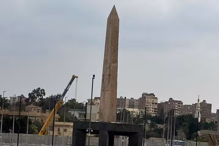 Obelisk outside the Grand Egyptian Museum in Giza, Cairo, on a private guided tour with hotel pickup