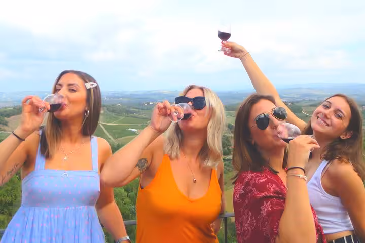 Group of friends savoring red wine with a scenic vineyard backdrop on a Tuscany wine tour from Florence.