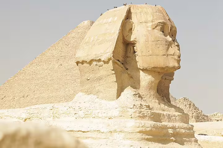 Close-up of the Great Sphinx with Giza Pyramid behind on private Cairo pyramids tour with no hidden fees
