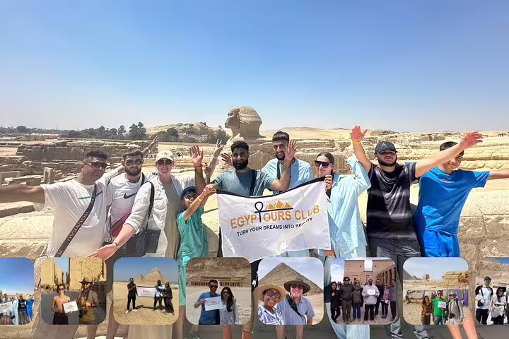 Group photo at the Great Sphinx, Giza, on a private day tour to the Pyramids and Grand Egyptian Museum