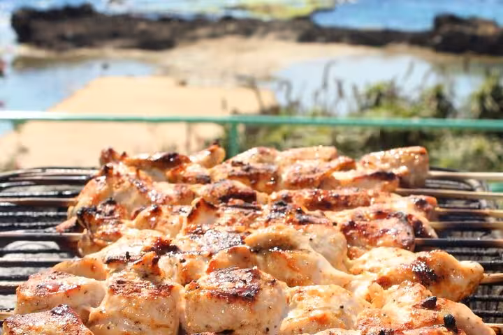 Grilled chicken souvlaki on beach BBQ, authentic Greek lunch served on Ionian Sea boat trip by locals