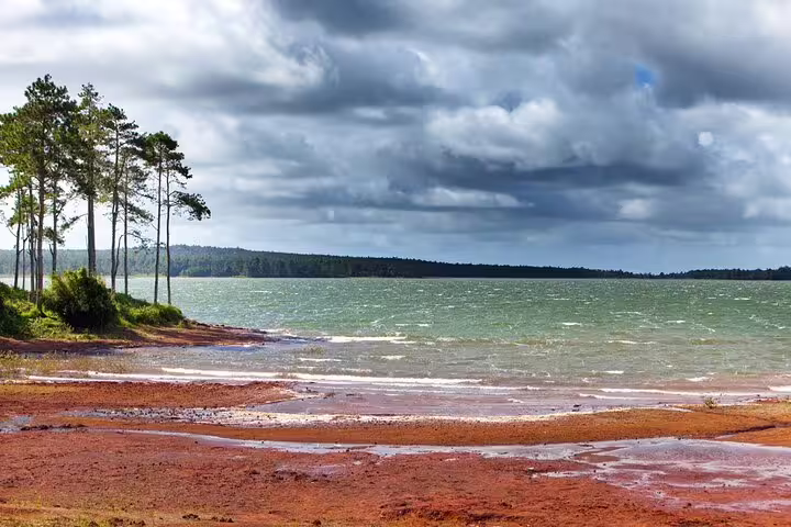 Scenic Gris Gris coastline in South Mauritius with red sands, pine trees and turquoise lagoon on private tour