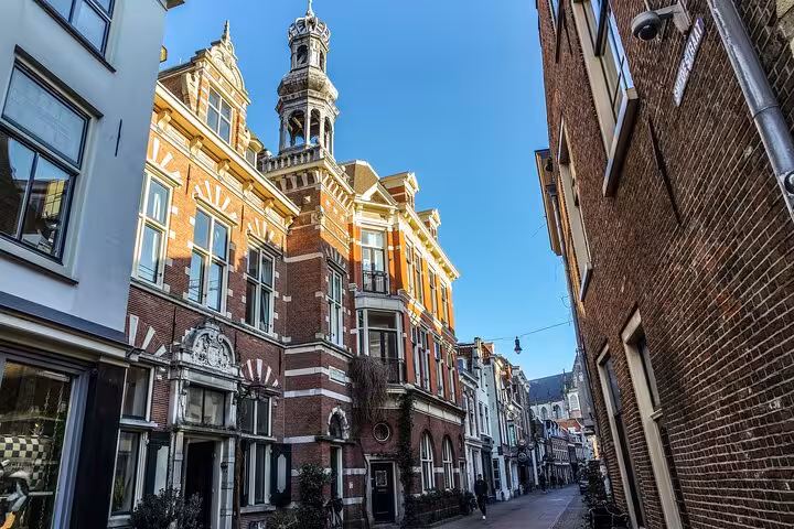 Historic Haarlem street with ornate Dutch façades and tower view, featured on a 2-hour private walking tour