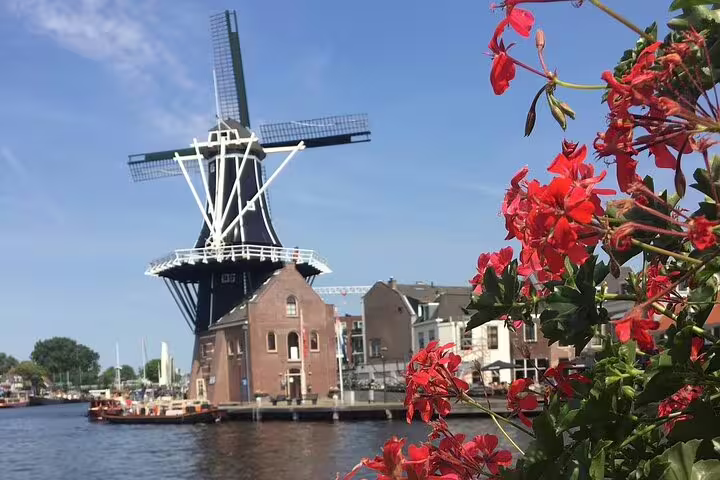 Haarlem Old Town private walking tour view of De Adriaan windmill by the Spaarne River with red flowers