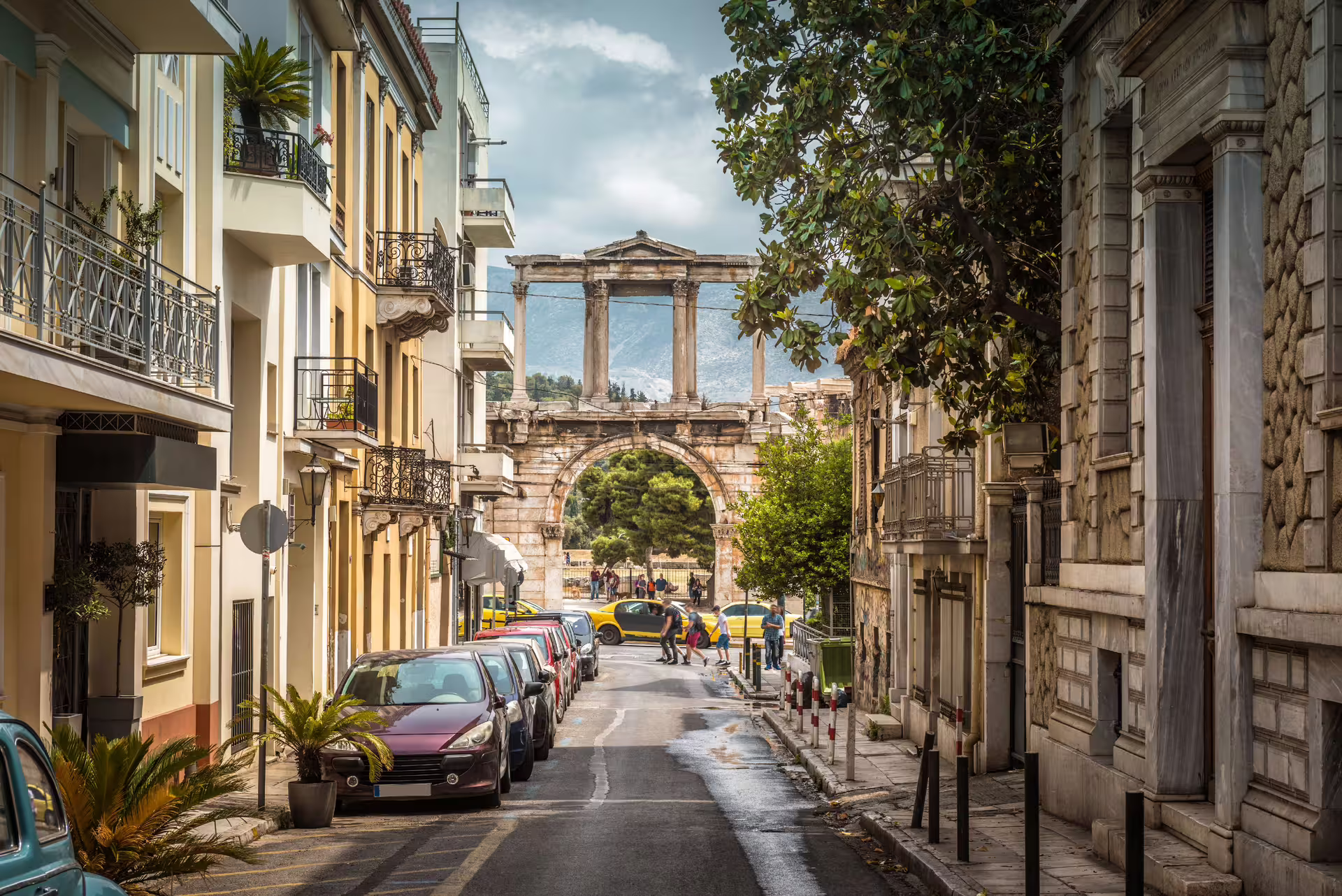 Street view to Hadrian’s Arch in Athens, part of Best of Athens tour before Cape Sounion Temple of Poseidon sunset
