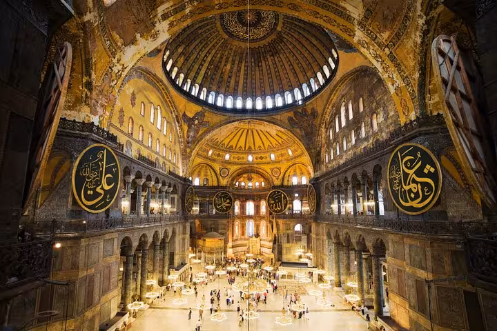 Hagia Sophia interior in Istanbul with grand dome and mosaics, highlight of 5-day guided Turkey tour