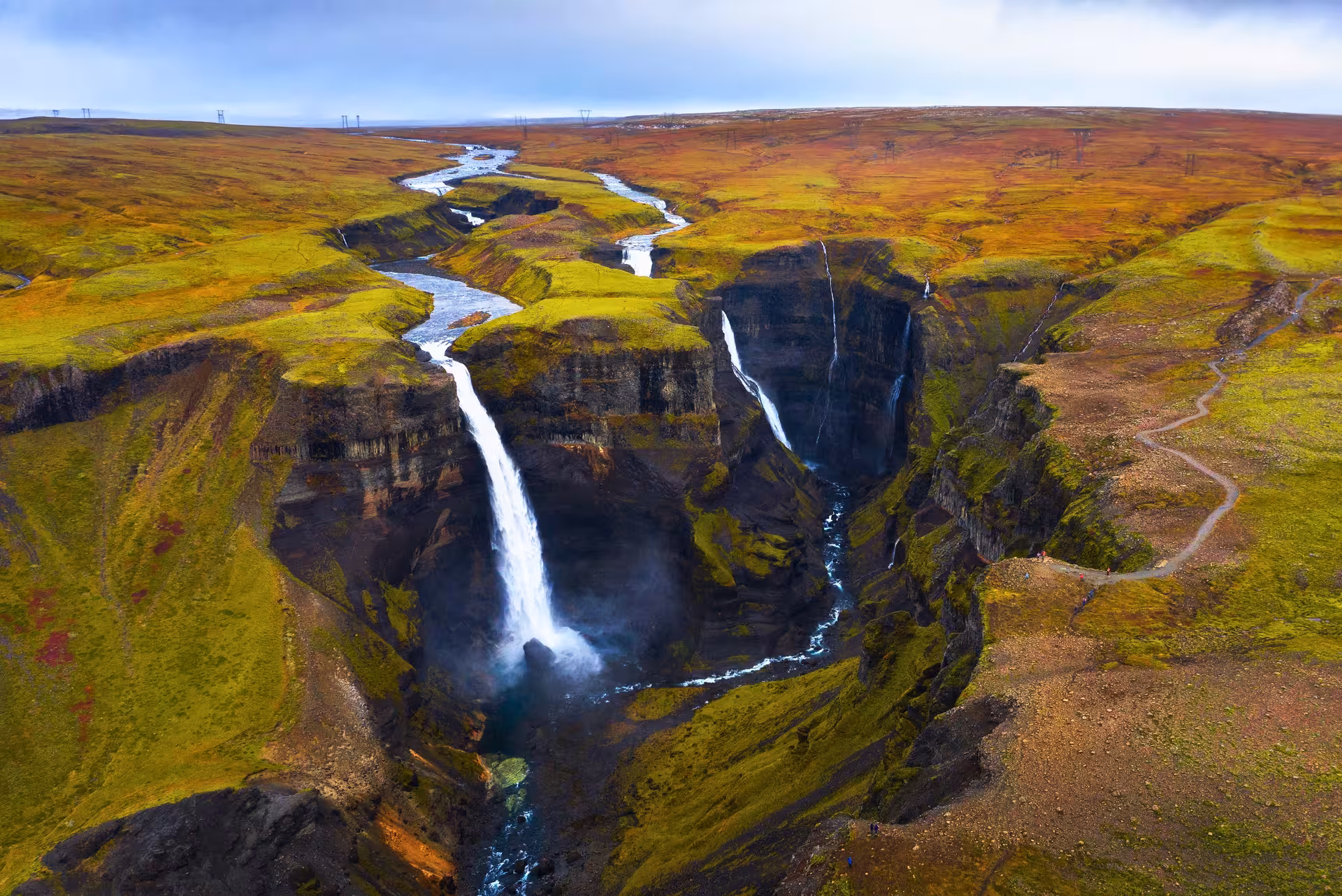 Aerial view of Háifoss waterfall and canyon in Þjórsárdalur Valley on a private Iceland tour