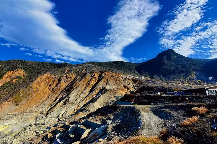 Expansive landscape of Hakone's volcanic area with clear skies, highlighting the natural beauty for tour visitors.