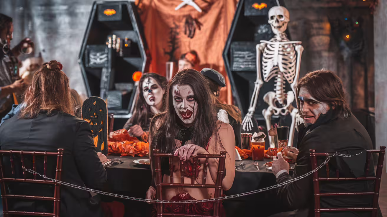 Costumed diners at a horror-themed banquet with skeleton props, part of the Halloween Feast & Fright Night tour