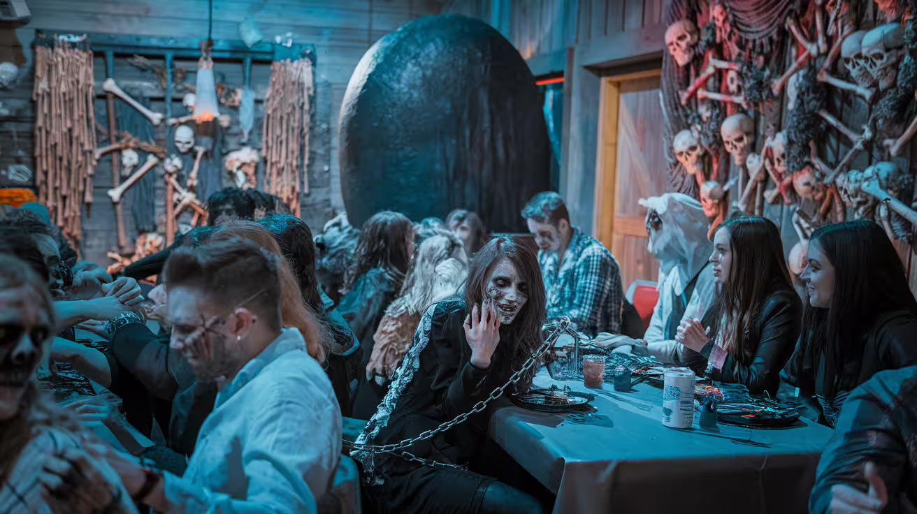 Guests in spooky costumes enjoy a haunted dinner show with skull decor at Halloween Feast & Fright Night