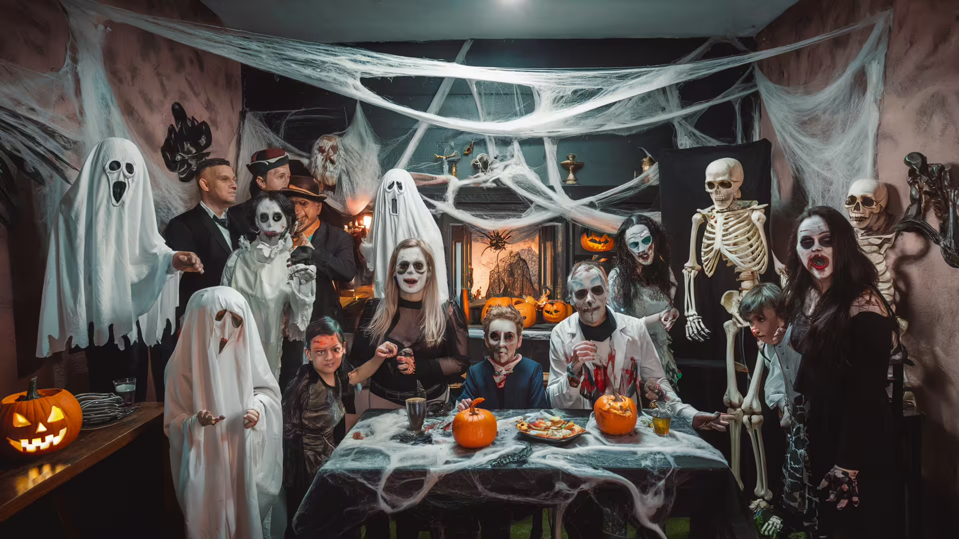 Guests in spooky costumes enjoy a Halloween Feast & Fright Night dinner with pumpkins, webs and skeletons