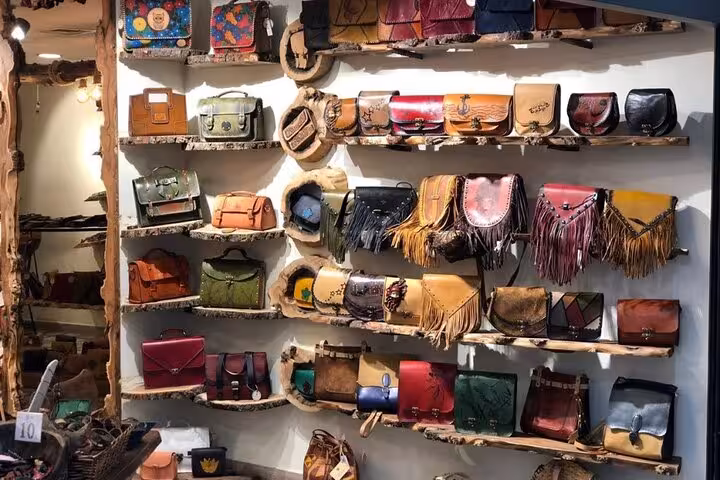 Handmade leather bags displayed in Cappadocia shop, perfect stop on Shopping Tour to the Best of Cappadocia
