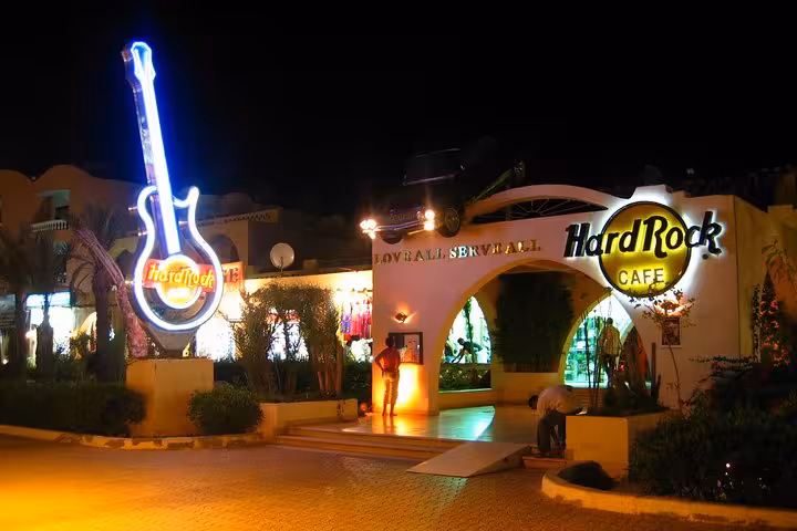 Hard Rock Cafe Hurghada entrance at night, a popular stop on a private guided night tour with pickup