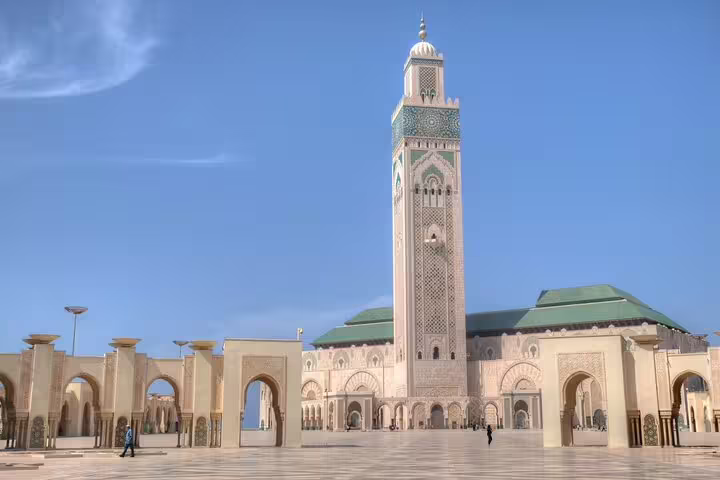 Hassan II Mosque courtyard and minaret in Casablanca, iconic stop on Morocco 10 days tour from Casablanca