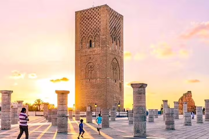 Hassan Tower in Rabat at sunset, iconic stop on best 9-day Morocco tour from Casablanca to Rabat